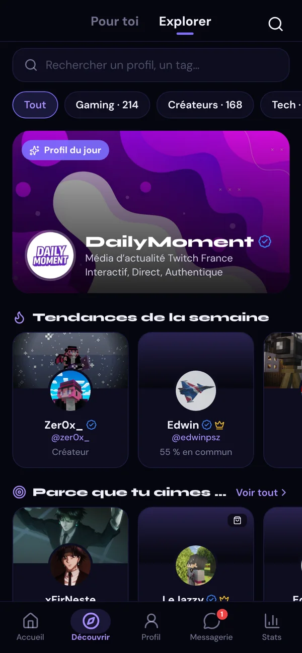 Écran Explorer de l'appli